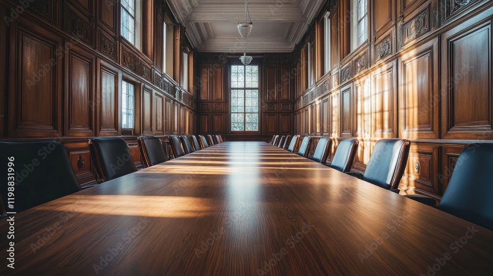 A long wooden table with many chairs in front of it. The chairs are black and the table is made of wood. The room is very large and empty A long wooden table with many chairs in front of it. The chairs are black and the table is made of wood. The room is very large and empty