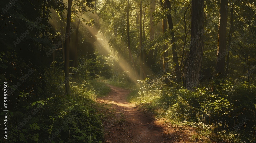 Obraz premium Sunlit forest path leading into the woods with sunbeams.