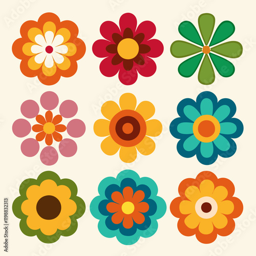 A set of twelve retro, 70s-style flower power icons with various color combinations and rounded petal shapes 