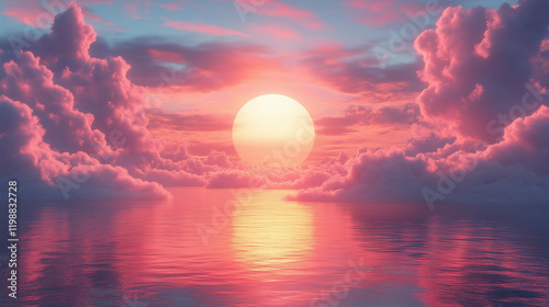 Majestic sunset over tranquil ocean reflecting vibrant colors and fluffy clouds