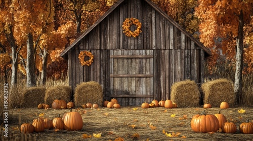 Harvest festival scene with pumpkins, hay bales, and a rustic wooden barn backdrop