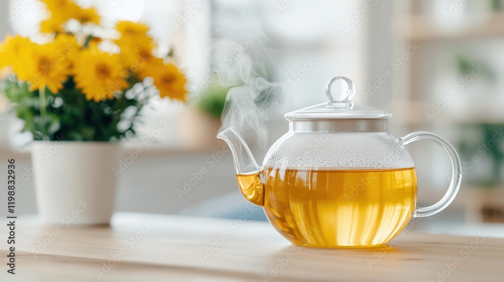 Floral Tea Serenity Close-Up Photography in a Cozy Bright Kitchen Environment