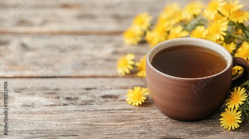 Floral Infused Dandelion Tea in Rustic Clay Cup Cozy Setup Natural Environment photo