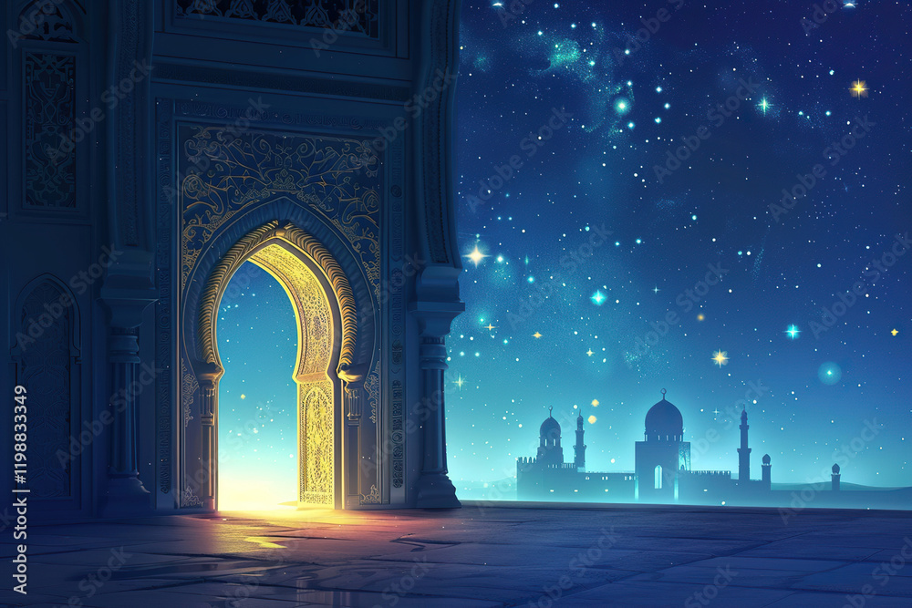 Fototapeta premium Beautiful greeting card with holiday composition for happy celebrate Ramadan, abstract vivid composition consists of fictional unreal fantastic vision on background