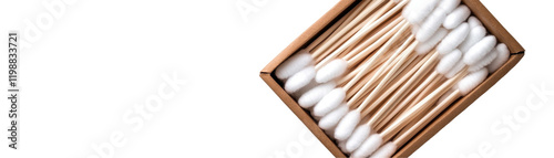 A box of cotton swabs arranged neatly for personal care and hygiene routines. transparent background photo