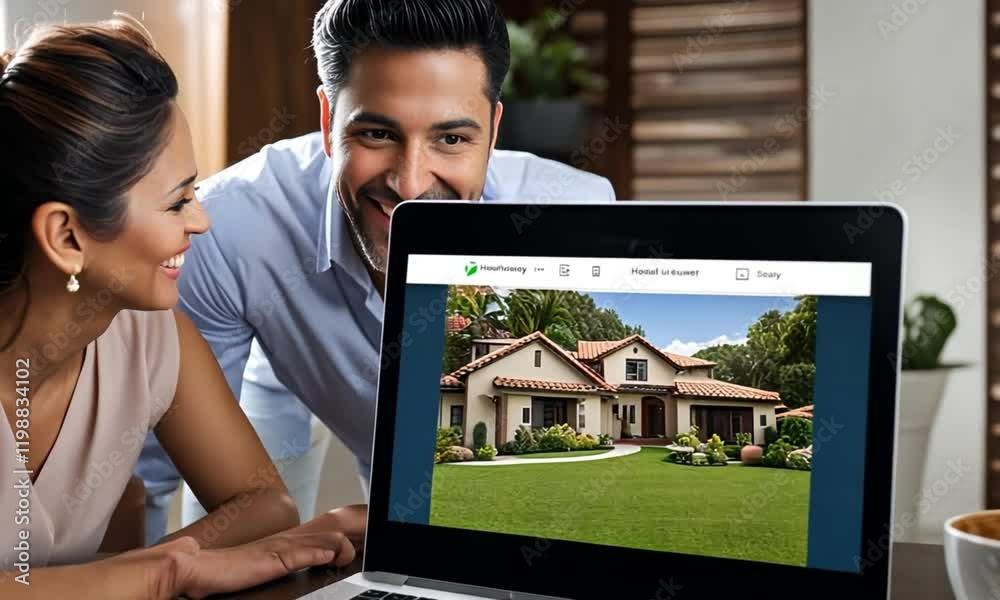 A cheerful Hispanic real estate agent presents a property to a young Latinx couple using a laptop.