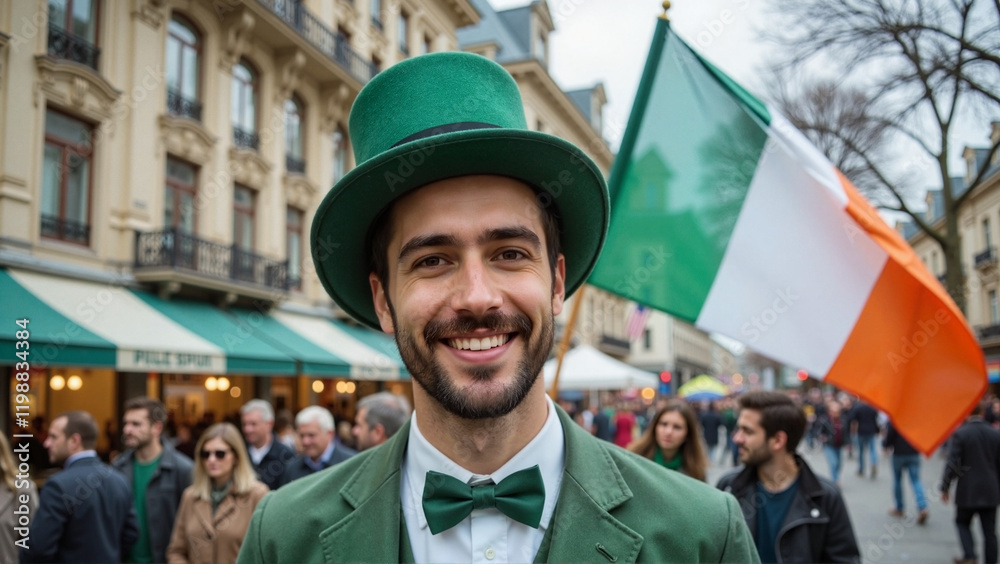 Smiling Man Celebrating St. Patrick's Day with Irish Flag, Festive Atmosphere Smiling Man Celebrating St. Patrick's Day with Irish Flag, Festive Atmosphere