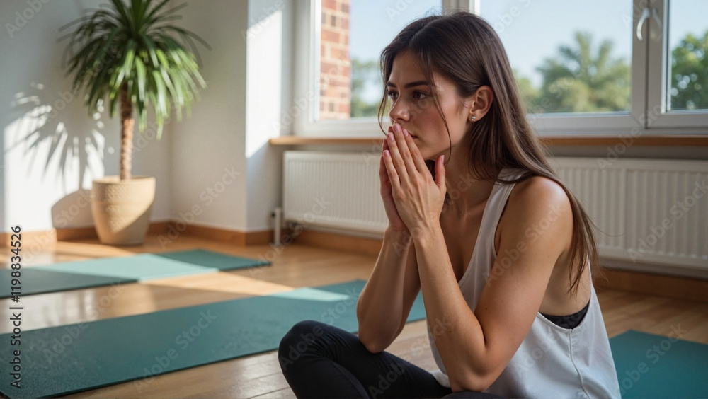 Woman Reflecting During Yoga Session in Serene Studio, Inner Focus Woman Reflecting During Yoga Session in Serene Studio, Inner Focus