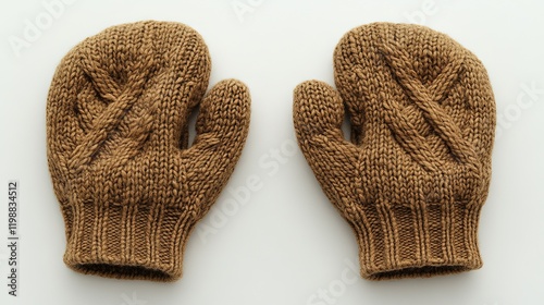 A pair of knitted brown mittens displayed on a white background.