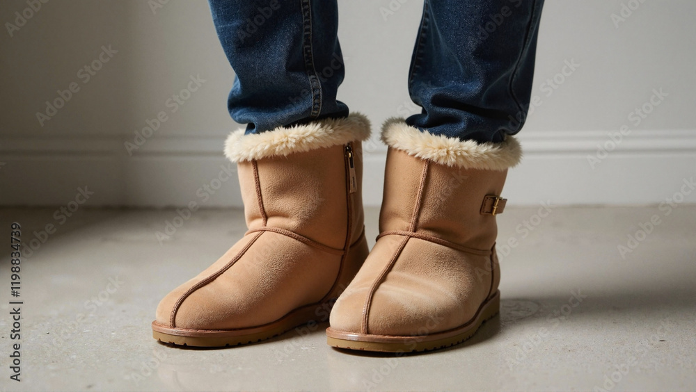 Cozy Fluffy Winter Slippers on Neutral Floor, Warm Comfort Cozy Fluffy Winter Slippers on Neutral Floor, Warm Comfort