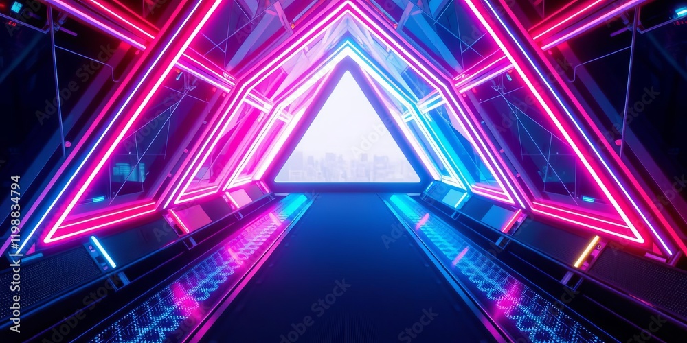Fototapeta premium Abstract futuristic 3D render of a neon lights triangle tunnel with a geometric background, tunnel, geometric