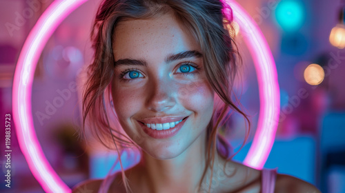 A young woman poses, bathed in the ethereal glow of a ring light, accentuating her striking features and gaze.