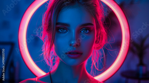 A young woman poses, bathed in the ethereal glow of a ring light, accentuating her striking features and gaze.