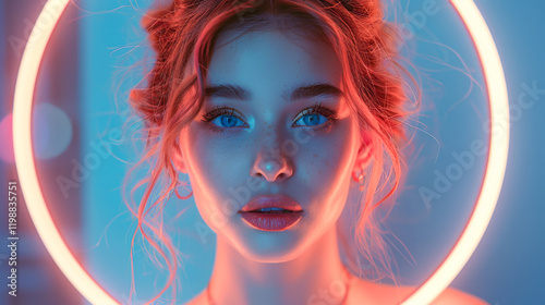 A young woman poses, bathed in the ethereal glow of a ring light, accentuating her striking features and gaze.