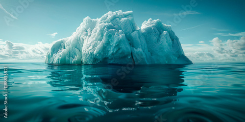 An icebergs tip and submerged section glisten in the sunlit North Sea. photo