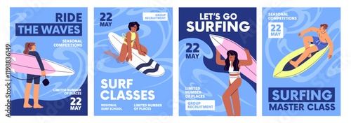 Surfing event poster designs set. Template of surfers' school, lessons, master class advertising. People training with surfboard at sea, ride on board at ocean in summer. Flat vector illustrations