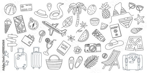 Set of summer travel objects isolated on white background. Travel vacation concept. Vector flat hand drawn cliparts in line art style.