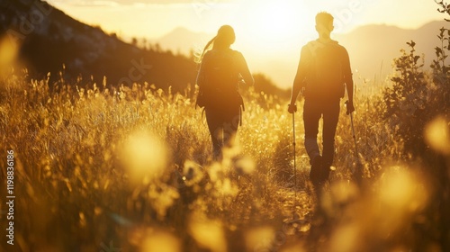 Silhouettes of two hikers walking through tall grass in the sunset