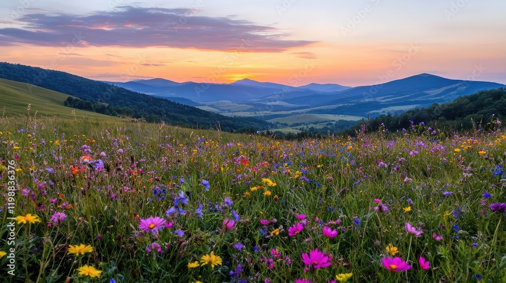 Obraz premium Colorful wildflowers bloom in a green mountain meadow at sunset with rolling hills in the background.