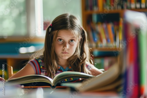 Girl engrossed in reading surrounded by books in a bright classroom