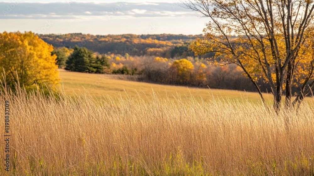 A golden hour autumn field with tall grass swaying in the breeze, and a blurred tree line offering a serene backdrop for text A golden hour autumn field with tall grass swaying in the breeze, and a blurred tree line offering a serene backdrop for text