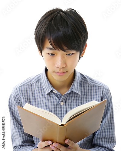 透明な背景で本を読んでいる 10 代の少年。集中して勉強している学生。本を持つ若い学生