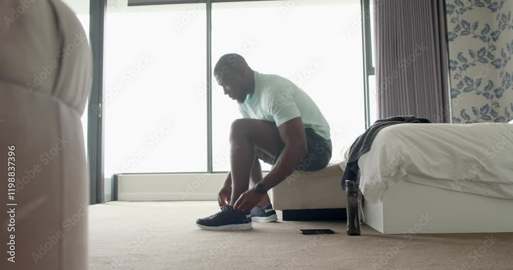 Sitting on bed, man relaxing in bedroom with water bottle and smartphone nearby