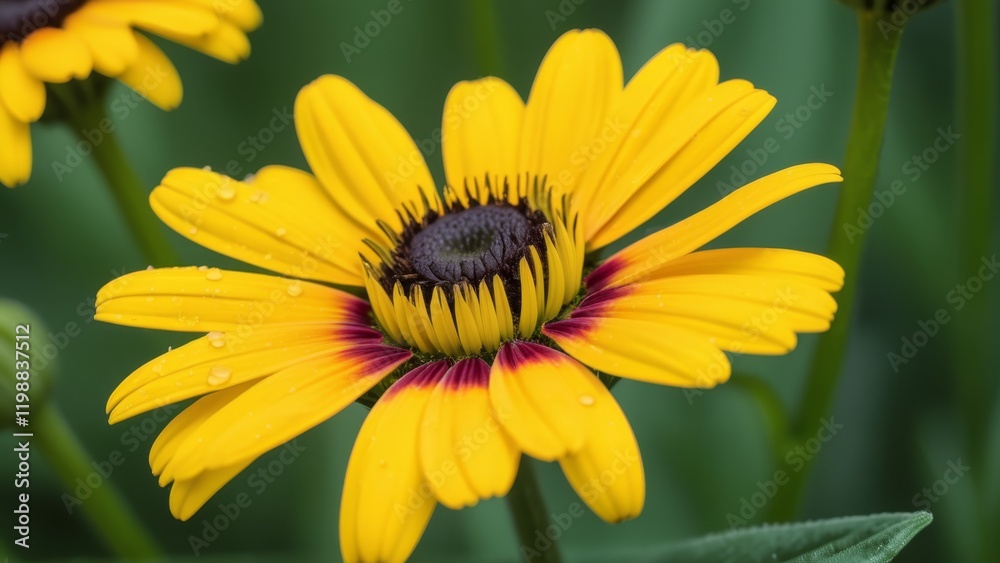 Obraz premium yellow flower in dew close-up among grass.