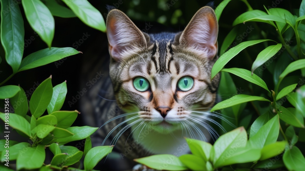 green eyed cat peeking out from green bushes green eyed cat peeking out from green bushes