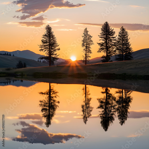 Tranquil Sunset Over Rolling Hills and Serene Lake with Golden Reflections and Silhouetted Trees