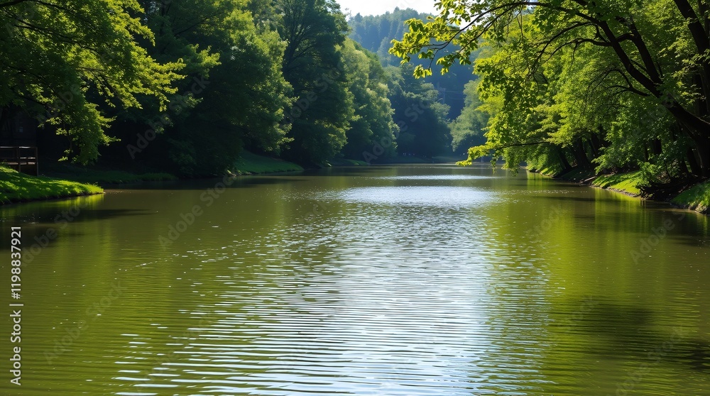 Serene river scene surrounded by abundant green flora and illuminated by soft sunlight, creating a tranquil and refreshing atmosphere perfect for relaxation or connection with nature.