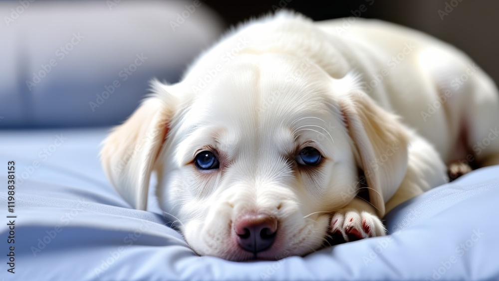white puppy lies tired on the bed white puppy lies tired on the bed