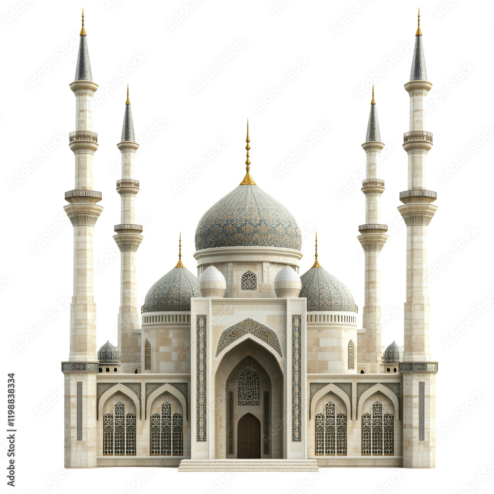 Fototapeta premium Majestic Architectural Wonder: A Stunning Mosque with Intricate Design Featuring Grand Minarets and a Dome