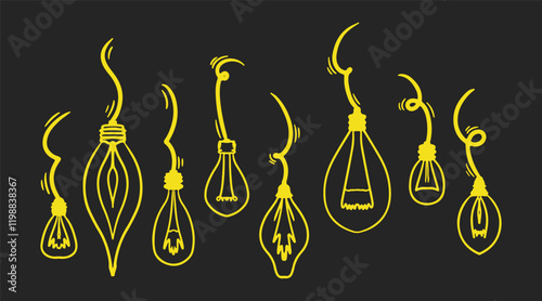 Doodle electric light bulb or lamp bulb. Hand draw idea symbol collection. Hand drawn lamp set. Vector idea art. Yellow illustration on black background