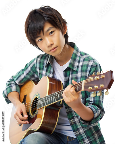透明な背景に隔離されたギターを弾く10代の少年。ギターを練習し、楽器を演奏する若い男性ミュージシャン、趣味と情熱