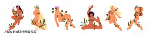 Set of nude girls wrapped with flowers. Diverse naked women with leaves. Concept of self love and acceptance, natural beauty and sensuality. Flat isolated vector illustrations on white background