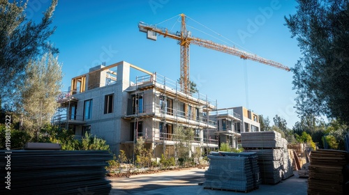 A modern townhome under construction, with a crane extending over the site, surrounded by scaffolding and stacks of building materials
