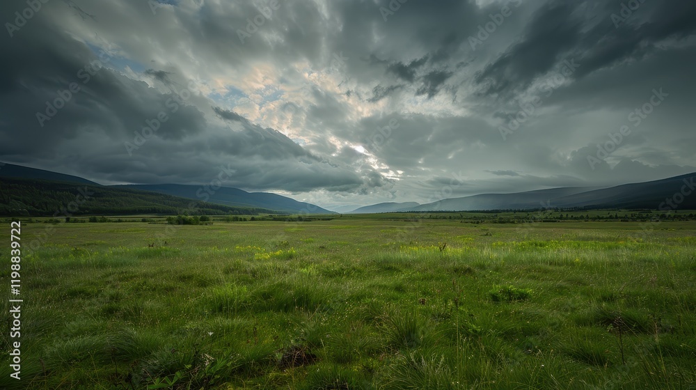Sunlit green meadow under cloudy sky in nature landscape. Sunlit green meadow under cloudy sky in nature landscape.