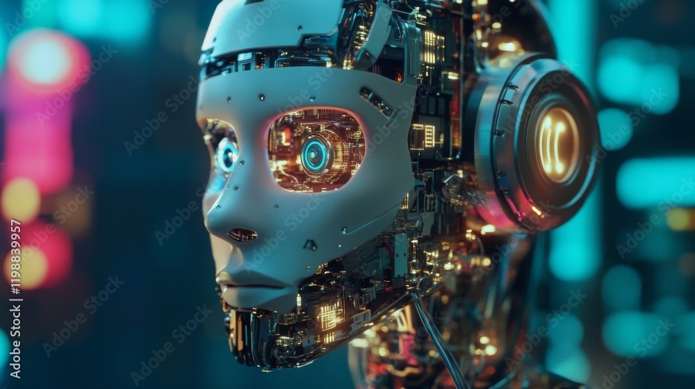 Close-up of a humanoid robot's head with glowing circuitry in a futuristic city setting at night Close-up of a humanoid robot's head with glowing circuitry in a futuristic city setting at night