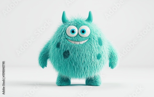 A fluffy teal 3D monster with a rounded tummy, visible navel, and gradient-colored polka dots, standing cheerfully on a pure white backdrop