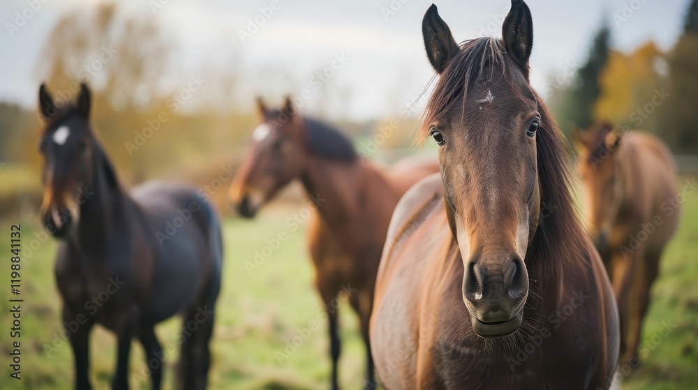 Group of horses standing in a field under natural light. Group of horses standing in a field under natural light.