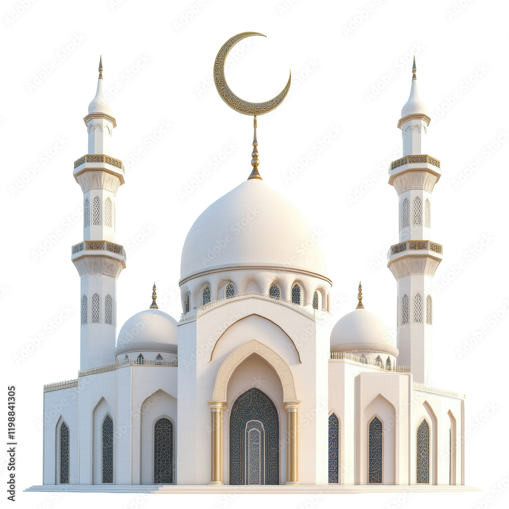 Fototapeta premium Breathtaking White Mosque with Elegant Minarets and Crescent Moon on Top Surrounded by Blue Sky