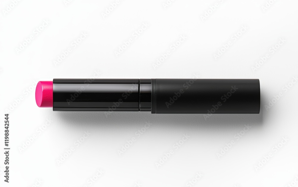 A sleek black lipstick tube with a vibrant pink shade exposed, isolated on a white background A sleek black lipstick tube with a vibrant pink shade exposed, isolated on a white background