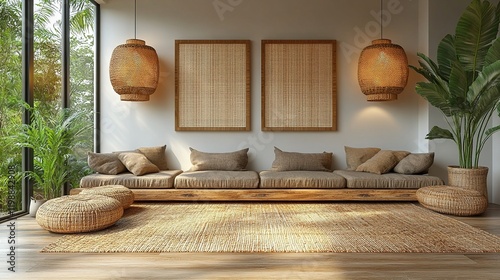 Cozy interior with natural decor, featuring a comfortable sofa and plants.