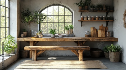 A rustic interior with a wooden table, plants, and shelves, creating a cozy atmosphere.