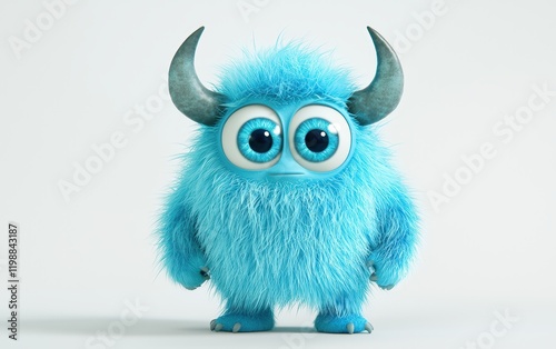 3D funny fluffy light blue monster with horns and big blue eyes, cartoon character standing on a bright white background