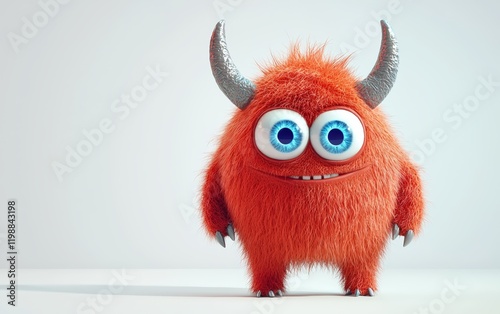 3D funny fluffy deep red monster with horns and big blue eyes, cartoon character standing on a bright white background