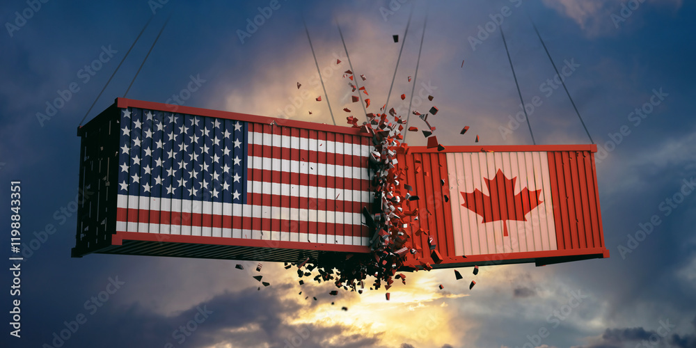 USA and Canada relation. US of America and canadian flags crashed containers on sky.