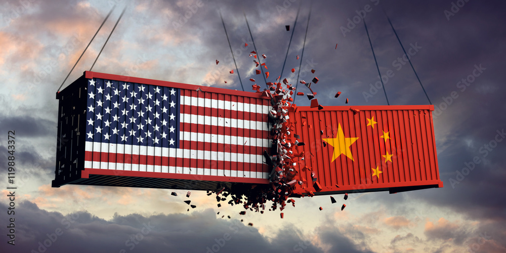 USA and China trade war. US of America and Chinese flags crashed containers on sky.