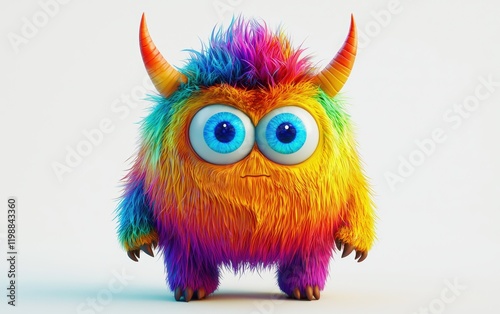 3D funny fluffy rainbow-colored monster with horns and big blue eyes, cartoon character standing on a bright white background